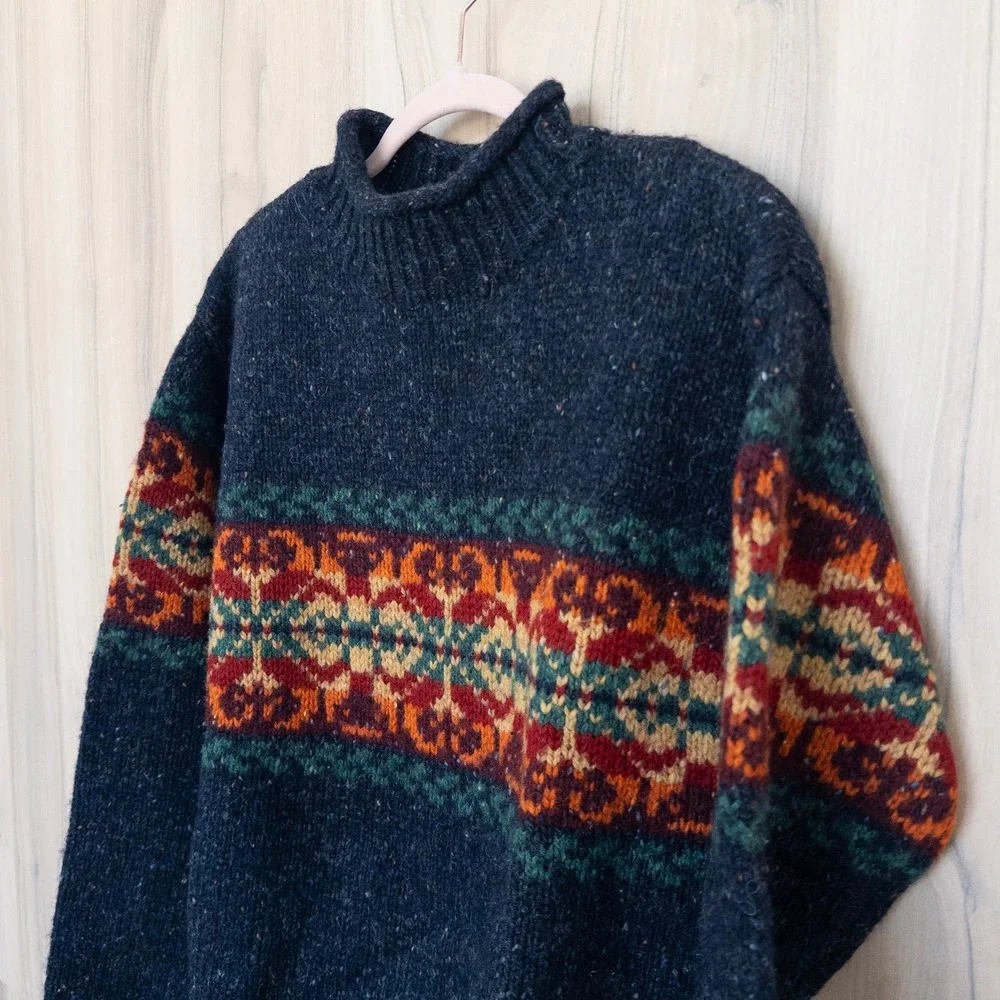 Vintage Mens Roll Neck Fair Isle Sweater Small Navy Wool Nordic Heritage Cabin